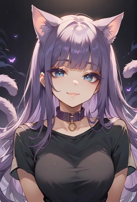 1girl, cat ears, purple cat tail, long hair, bangs, purple hair, gorgeous blue eyes, eyeliner, long lashes, soft smile, collar, black top, breasts