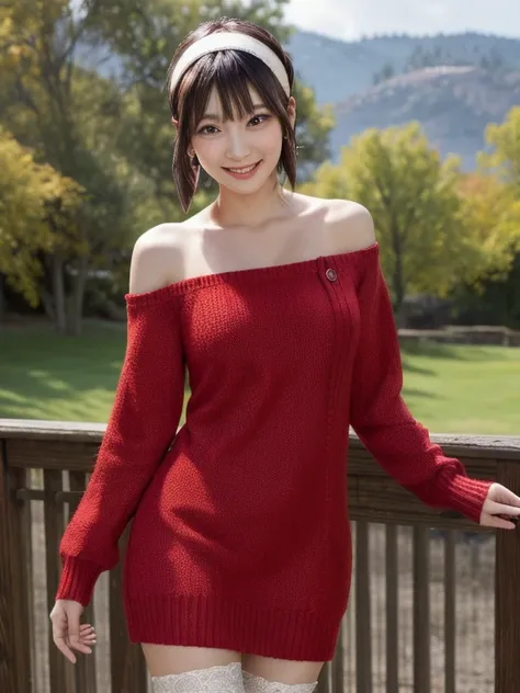 masterpiece, best quality, highres, bbyorf, short hair with long locks, white hairband, red eyes, gold earrings, large breasts, jewelry, off shoulder, red sweater, sweater dress, long sleeves, black pantyhose, outdoors, standing cowboy shot, smile,