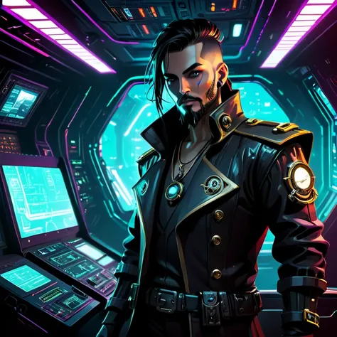 Cyberpunk pirate man captain, dark futuristic ship interior background, control panel