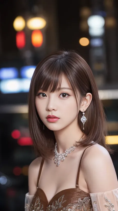 City of night、One woman、Flashy Japanese Gal、20-year-old、double eyelid、Detailed face、big ring earrings、Ring Bracelet、big flashy necklace、Rich silver eyeshadow、Gorgeous glitter makeup、Long False Eyelashes、eyeliner、((Reddish brown hair、Shortcuts:1.5))、Flashy ...