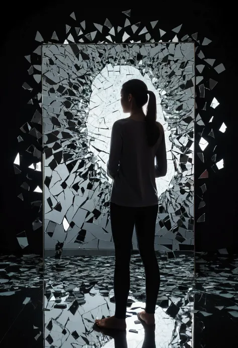 A person standing in front of a shattered mirror, their reflection showing a smaller, sadder version of themselves. The background is dark and the shattered pieces represent self-doubt and negative thoughts