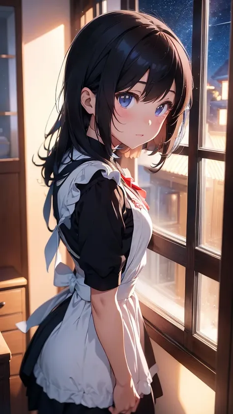 A charming anime girl staring at the stars from the window in her room, Ilya Kuvshinov. 4k yen, Anime Moe Art Style, Anime girl in maid outfit, Cute girl anime visuals, Anime Best Girl, Attractive anime girl, Beautiful anime school girl