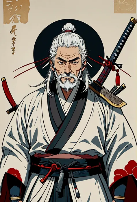 samurai,historic, gray hair,white long beard,alafed image of a man with a sword in his hand, japanese sword,samurai portrait, in...