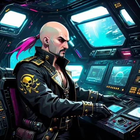 Cyberpunk pirate man captain Bald, Tricornio , dark futuristic ship interior background, control panel