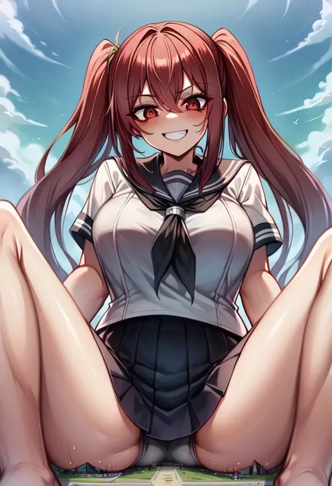 A cruel and gigantic monster、Giant monster、gigantic giantess、planet size giantess,Giantess、Twin tails、Red eyes、Make women bigger、giantess、Great impact、Sailor suit、Navy Skirt、Sit on the earth with your legs apart、The approaching situation、Aerial view of a d...