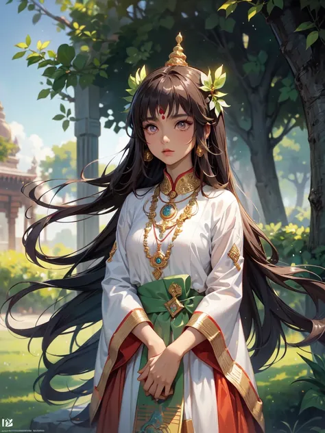 A powerful Hindu Sanatani woman, resplendent in traditional attire, stands majestically amongst the sacred Neem trees, surrounded by sacred religious scripts and ornate temple artifacts, giving off an air of serene resilience within the Anime & Comic Book ...