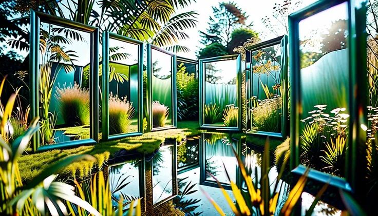 lith_agfa_brovira_beh1w, a captivating, cinematic photo of a lush garden, featuring five distinctive mirrors. each mirror has a ...