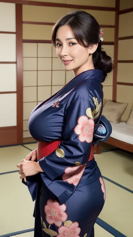 mature attractive sexy woman,50 years old, ((kimono)),((navy blue))、(((kimono))),shut、((big bra))((big breasts:1.1)),(facial wri...