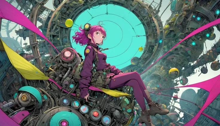 ((pay attention to the plan:1.5, General plan, all-body:1.5)), 1 beautiful girl in technical clothes, Mechanical spider, circles, fractals,,Travis Charest. colors, land, Cyan, yellow, Unripe. magenta, violet, Cyan, High definition, image hypersharpness,(be...