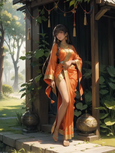 A Sanatani Hindu young woman in vibrant orange Sanatani sari, standing in the midst of a mystical forest, with a towering, intricately-carved Hindu temple emerging from the foliage behind her, the scene delivered in an engaging anime and comic book style.