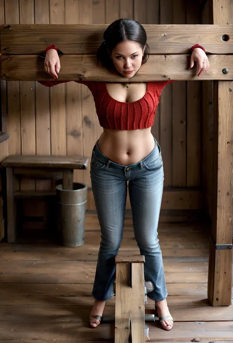 middle age, (woman in red crop top sweater), low rise jean, showing navel, (((pillory))), beautiful belly, caning in buttstock