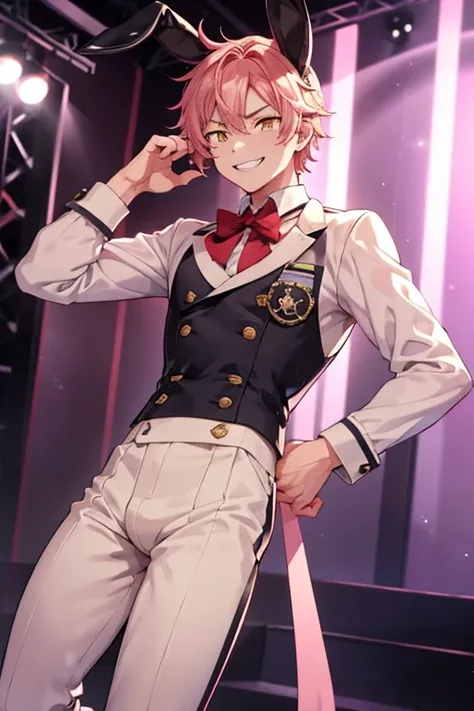 One boy　Pink Hair　Yellow Eyes　stage１０age　Slender　Abdominal muscles　Grinning face　Bunny ears　Pocket watch　Bodysuits　school uniform