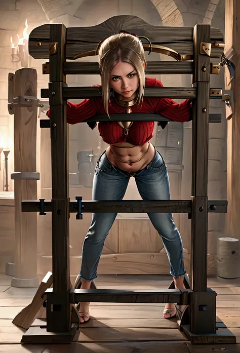 middle age, (woman in red crop top sweater), low rise jean, showing navel, (((pillory))), beautiful belly, caning in buttstock