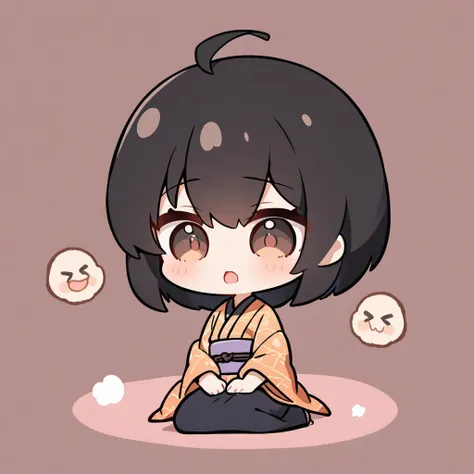 a short-haired girl wearing a kimono sits in seiza position、offering an afro wig、chibi character、ahoge、black hair、