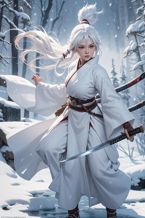 DnD Character Art, Female White Rabbit Folk Monk, Wielding a katana sword, Wearing a winter pattern kimono with white fluffy details, Winter Theme, Icewind Dale, Expressive, Dynamic Pose, Heavy snowy background