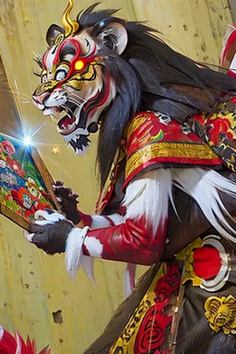 ((girl wearing lion dance costume)), ((festival)), ((night、laser light)), creepy, (horror elements), creepy , (primitive art), o...