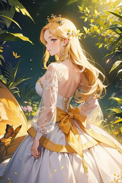 artwork, back of a girl, monarch butterflies, golden fur, white dress, elegant, a tiara on her head, nature.