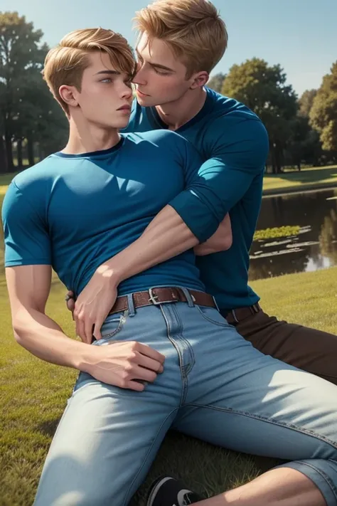 Two men, photo realistic.  A 16-year-old, handsome, lean man with short-cut, blond hair and blue eyes, wearing a brown sweatshirt, and khaki pants, sitting in the lap of a 17-year-old, handsome, athletic, Caucasian man with short, shaved brown hair, and bl...