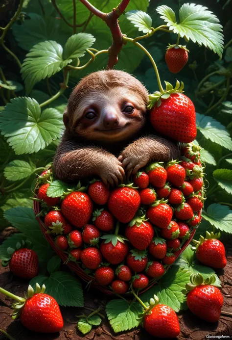 strawberry, detailed photograph of an adorable baby sloth sleeping on a red strawberry, by Ismail Inceoglu Huang Guangjian ZBrush, pixar, studio ghibli, masterpiece, best quality, very aesthetic, absurdres