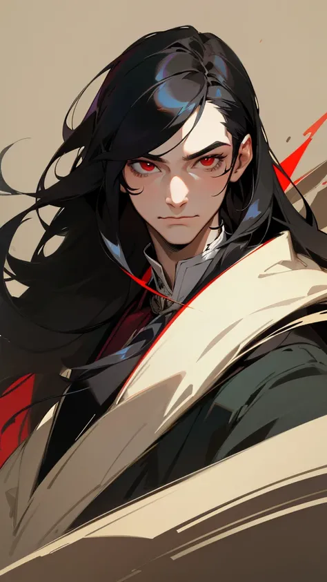 adult man, with long black hair, red eyes, draw like a portrait of an aristocrat 