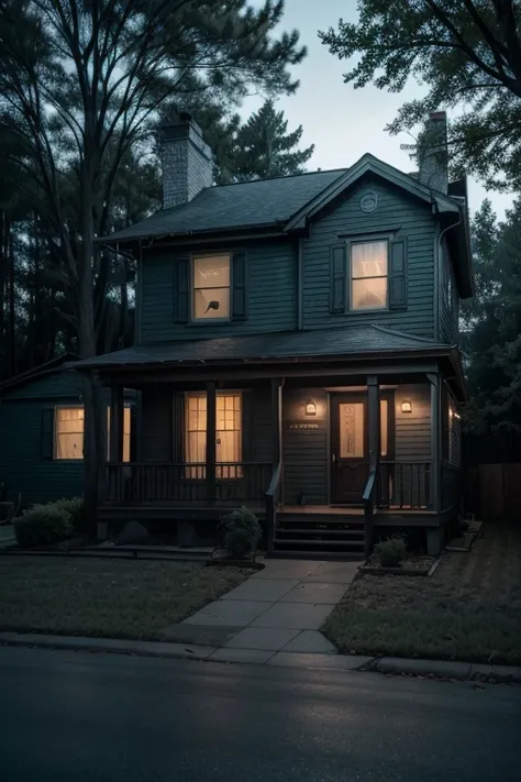 the exterior of an ordinary house in the United States, a scene from a horror movie, a macabre and dark atmosphere at night