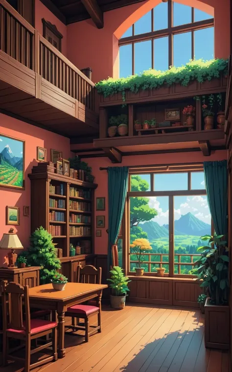 beautiful interior house, Pixel art. Ghibli style, beautiful anime, colorful, nostalgic, exuberant, pixel art, minimalist drawing style