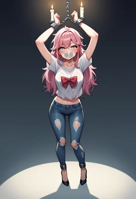 score_9, score_8_up, score_7_up, score_6_up, score_5_up, score_4_up, source_anime, 1girl, Cover your mouth with duct tape, motionless worth, cute face, pink hair, long hair, white eyes, w-w-chain, chains, shackles, raise arms, messy hair, torn shirt, jeans...