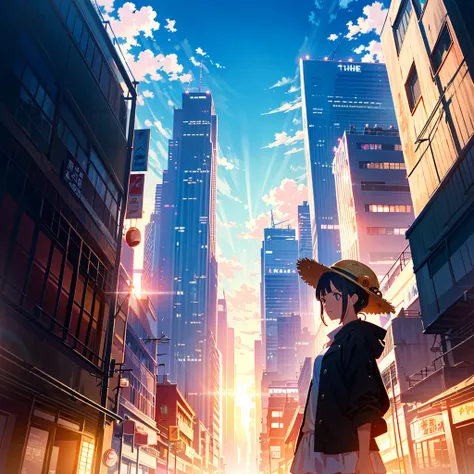 Anime Style, Ghibli Touch, Mysterious atmosphere, skyscraper, Bright sky, {{((The Girl in One Piece, Girl in hat))}}}