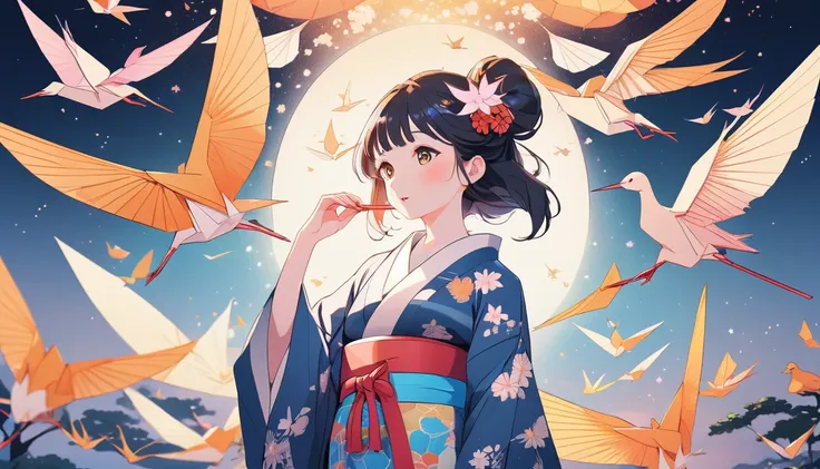 Origami Crane、fan、Woman in kimono, Wide-angle lens, Lofi Anime, Lofi illustration, Aesthetic atmosphere, Lo-Fi Style, Vector art, Flat Design, Simple shape, Warm tones, Pleasant atmosphere, Chill, In anime style, Digital drawing, Vector art, Vector logo fo...