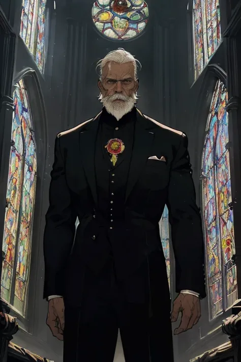 (masterpiece), (best quality), comic,  absurdres, rugged male, combed white hair, white beard, in a sophisticated (all black suit), with a tired expression, somber expression, standing in front of large stained glass, (stained glass in a library), smooth l...