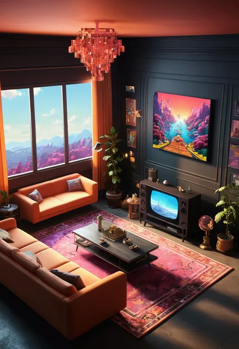 a large living room with a tv on a wall, large carpet, sofa, kitchen, 3d isometric (best quality,4k,8k,highres,masterpiece:1.2),pixel art,retro style,abstract,sharp lines,vibrant colors,unique textures,medium:digital,limited color palette,blocky shapes,det...