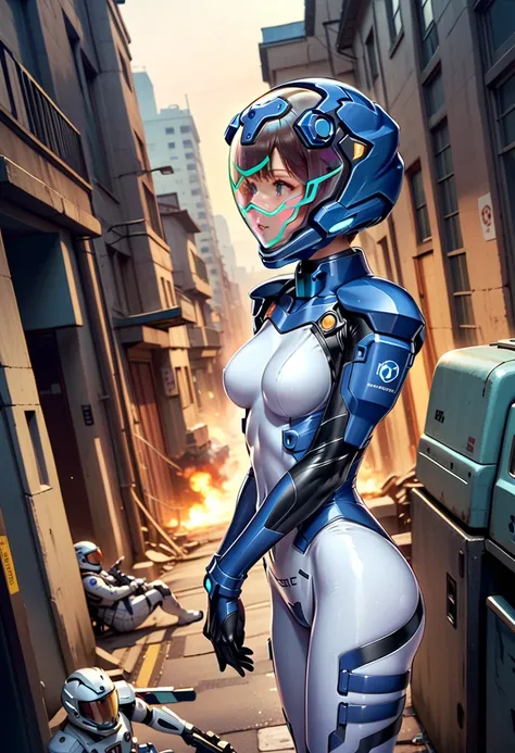 short hair, street, emo, BLACK hair, white eyes, eyeliner, apocalypse, (astronaut, girl, road, city, fortified suit, ((blue:1.5) plugsuit), short hair, outdoors, cinematic light, medium breasts, covered navel, space helmet, muvluv, space helm, eva helmet,[...