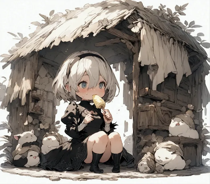 Best Quality, 2b nier automata, Eating an ice-cream, sitting full body, sweating,  