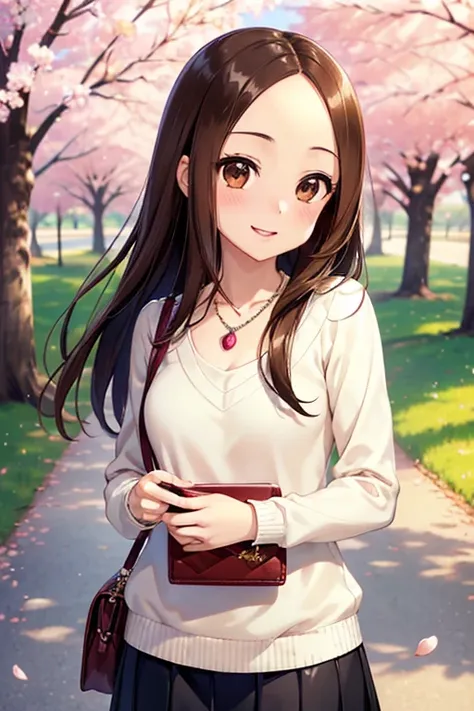 Takagi-san、Shiny brown hair, Straight Long Hair,((Medium chest、Forehead、Center part))、 Beautiful brown eyes、smile、Sparkling eyes, (fine grain)、Very fine eye、非常にDetailed face, Highly detailed eyes, Cowboy Shot、


(masterpiece:1.2, Highest quality, Ultra-hig...