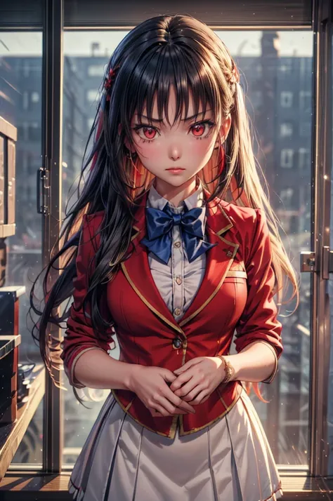 Suzune Horikita, suzune horikita, Long Hair, Black Hair, (Red eyes:1.3), Hair Ribbon, Braiding,
break bow, , Jacket, bow tie, blue bow tie, blazer, (red blazer:1.5), skirt, white skirt,
break indoors, classroom,
break looking at viewer, (Cowboy Shot:1.5),
...