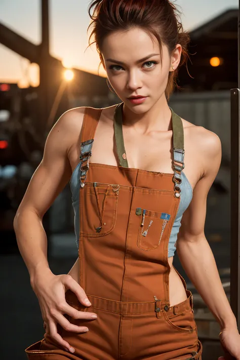 Sexy female mechanic, Sexy Ripped Mechanic Overalls, Bare abdomen, Pin-up aesthetics, A face with attention to detail, Skin with attention to detail, 8, High resolution, High resolution, Photorealistic, Cinema Lighting, Depth of written boundary, Bokeh, Ri...