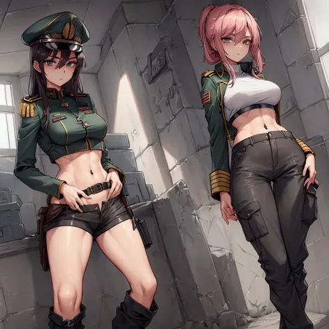 women in crop top soldier uniform, soldier hat, medal on the chest,  exposed abdomen area, very low waist cargo pants, navel pie...