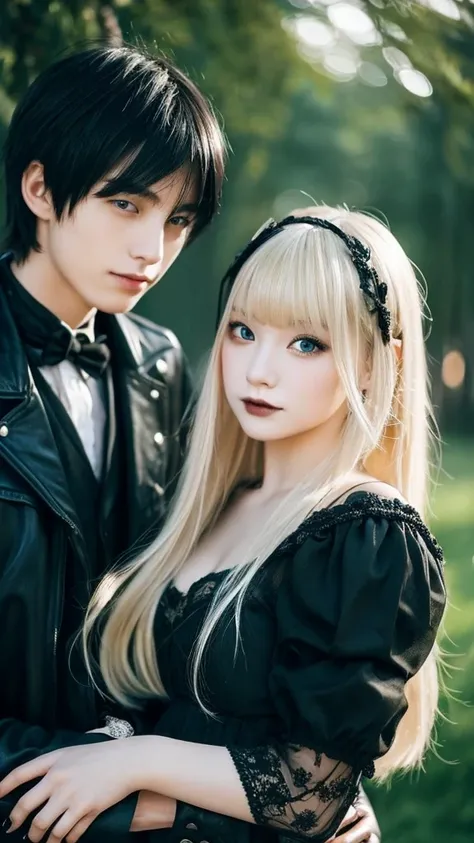 blonde girl, delicate asian features, cute, with her boyfriend with a style with aciatic features; black hair, a bit gothic style, 