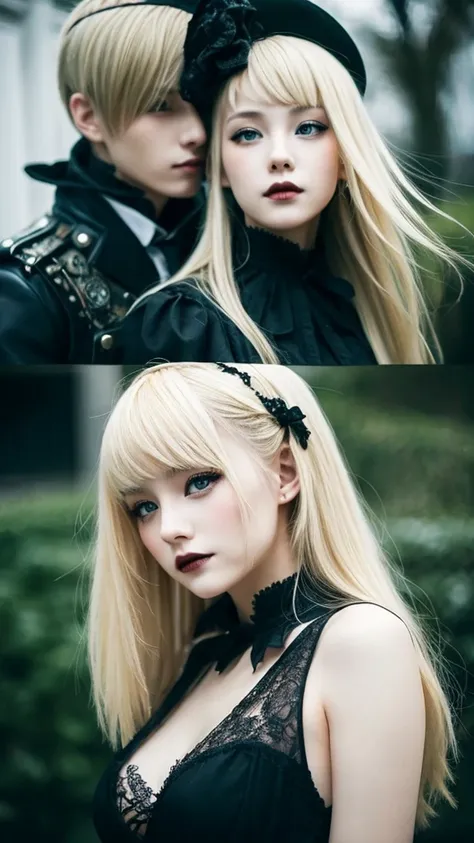 blonde girl, delicate asian features, cute, with her boyfriend with a style with aciatic features; black hair, a bit gothic style, 