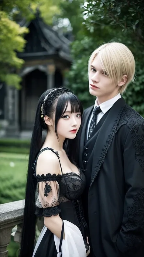 blonde girl, delicate asian features, cute, with her boyfriend with a style with aciatic features; black hair, a bit gothic style, 