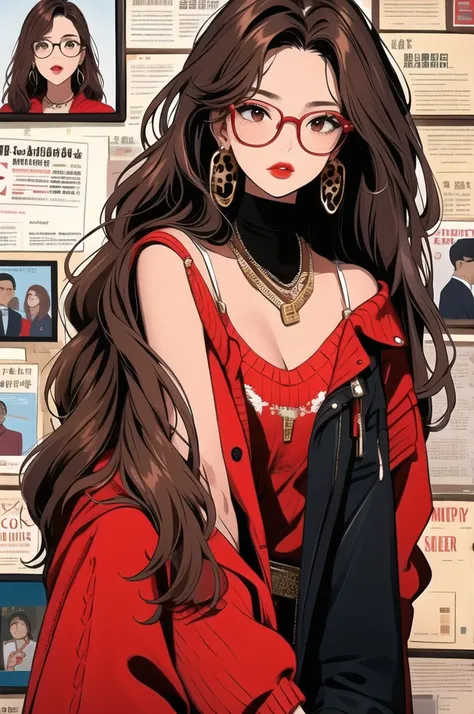 newspaper wall, glasses, lips parted, glassesを見ている,  black jacket, jewelry, long hair, jacket, leopard print shirt, alone, upper...