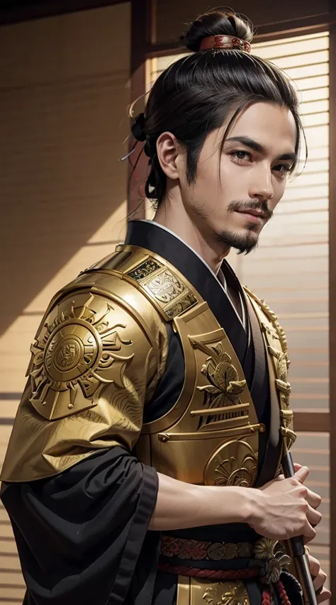 Create a realistic image of Toyotomi Hideyoshi, a key historical figure from the Sengoku period in Japan, known for unifying the country. He is depicted wearing a richly decorated samurai armor with golden embellishments, showcasing his rise from a commone...