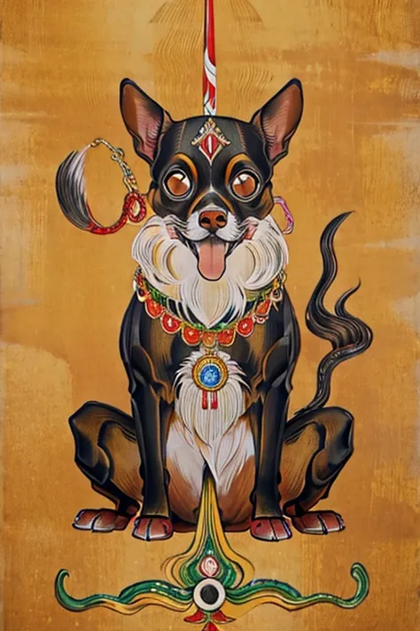 (masterpiece: 1.2, Highest quality),Long-coated Chihuahua sitting on a Ouija board,Dog with a Ouija board、Japanese painting, rough sketch, Horror elements,Ancient India、Buddhism
