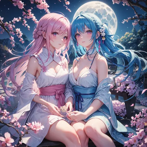 Sky blue hair, (Braided medium hair:1.2), Pink eyes,Fair skin ,(whole body),(One Girl),(White sweet dumplings ),White round dumplings,Japanese pampas grass,(beautiful, Full moon shining in the night sky),(masterpiece, Highest quality, Very detailed, Best S...