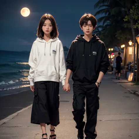 A nighttime beach. A woman with bobbed brown hair is present. She is wearing a white blouse with the word "YUKA" written on the back, paired with a black long skirt. Holding hands with her is a man with short brown hair. He is wearing a black hoodie with t...