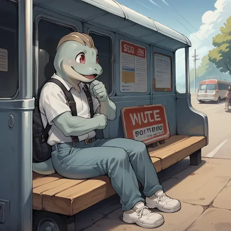 score_9, score_8_up, score_7_up, BREAK, score_9, machop, official art, bus stop, sitting