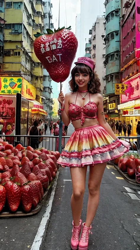 hong kong, day, (huge strawberry in the sky), (awkward,blush :1.3), (alafi girls take photos in huge strawberry, huge strawberry...