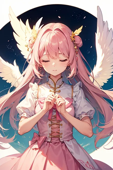 A girl with her eyes closed。It has angel-like wings and is floating.。Wearing light pink clothing。Symmetrical front