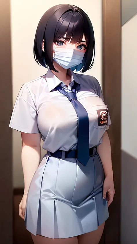 1 woman, 17 years old, (Short Layered Bob haircut, black hair), scared face expression, plump body, blue eyes, Indonesian high-school uniform, (wearing transparent white shirt, short sleeves, light-grey tie), osis logo on shirt pocket, medium breasts, long...