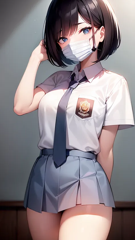 1 woman, 17 years old, (Short Layered Bob haircut, black hair), scared face expression, plump body, blue eyes, Indonesian high-school uniform, (wearing transparent white shirt, short sleeves, light-grey tie), osis logo on shirt pocket, medium breasts, long...